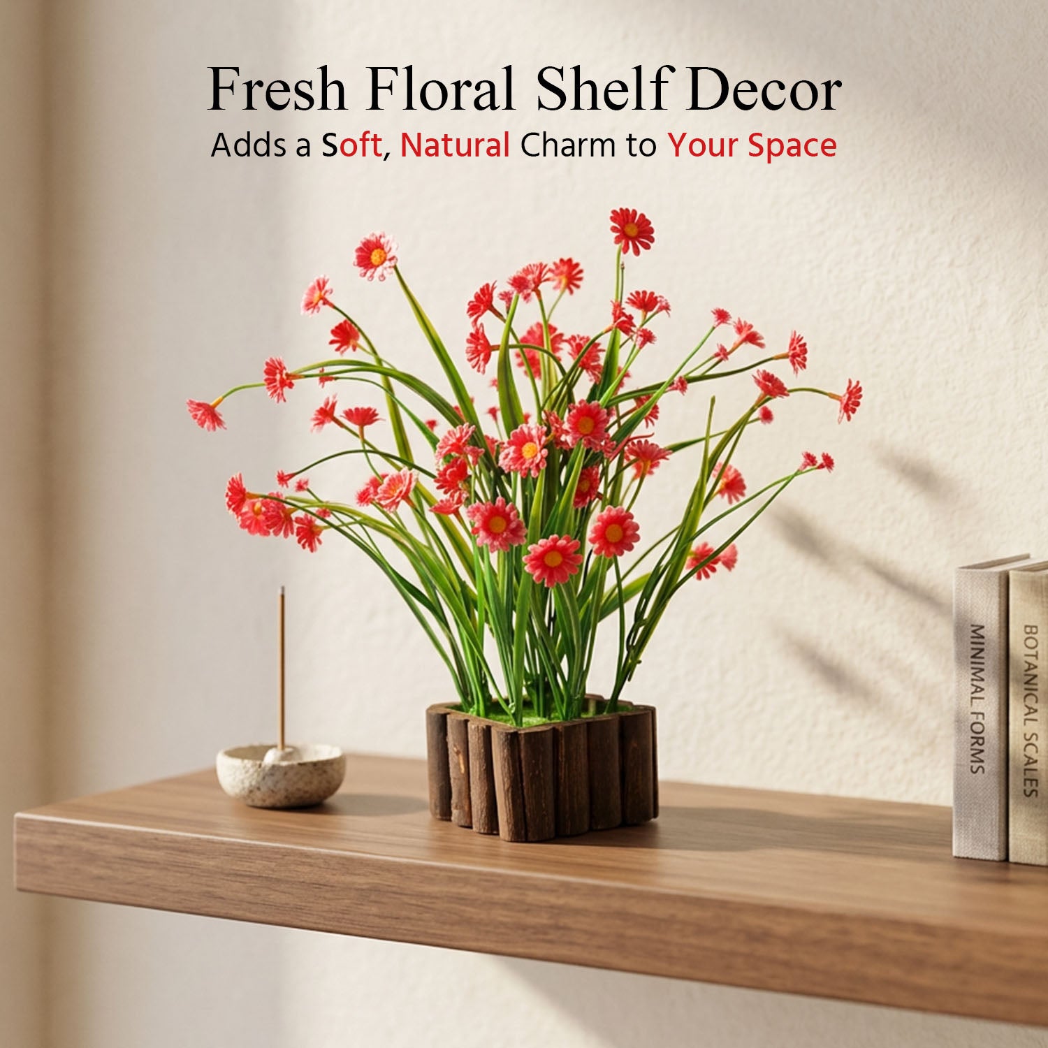HindCraft Artificial Red Daisy Flower Plant with Wooden Pot for Home Décor