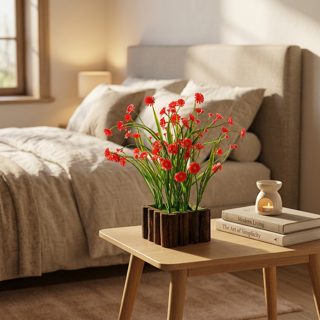 HindCraft Artificial Red Daisy Flower Plant with Wooden Pot for Home Décor