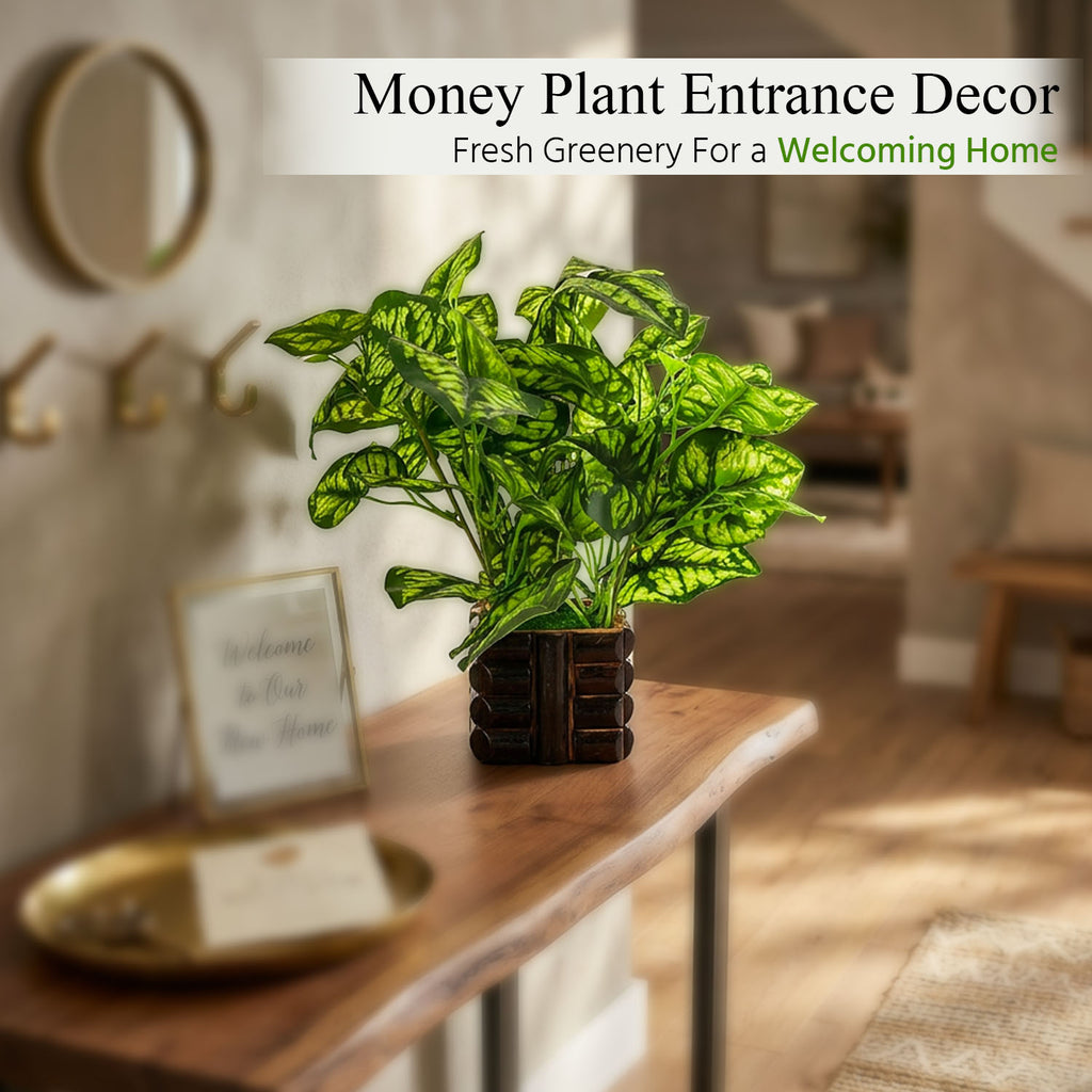 HindCraft Artificial Green Leaf Plant with Decorative Pot for Home & Office Décor