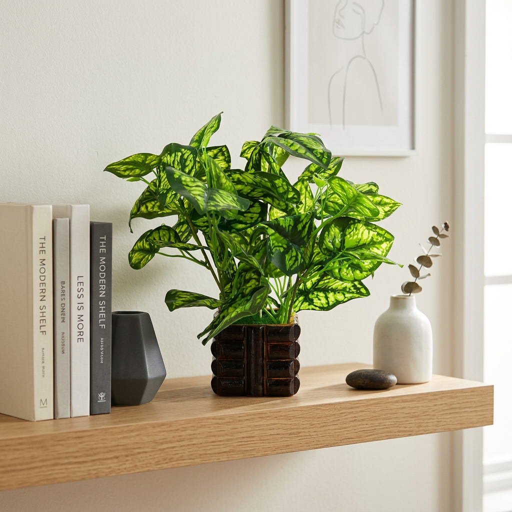 HindCraft Artificial Green Leaf Plant with Decorative Pot for Home & Office Décor