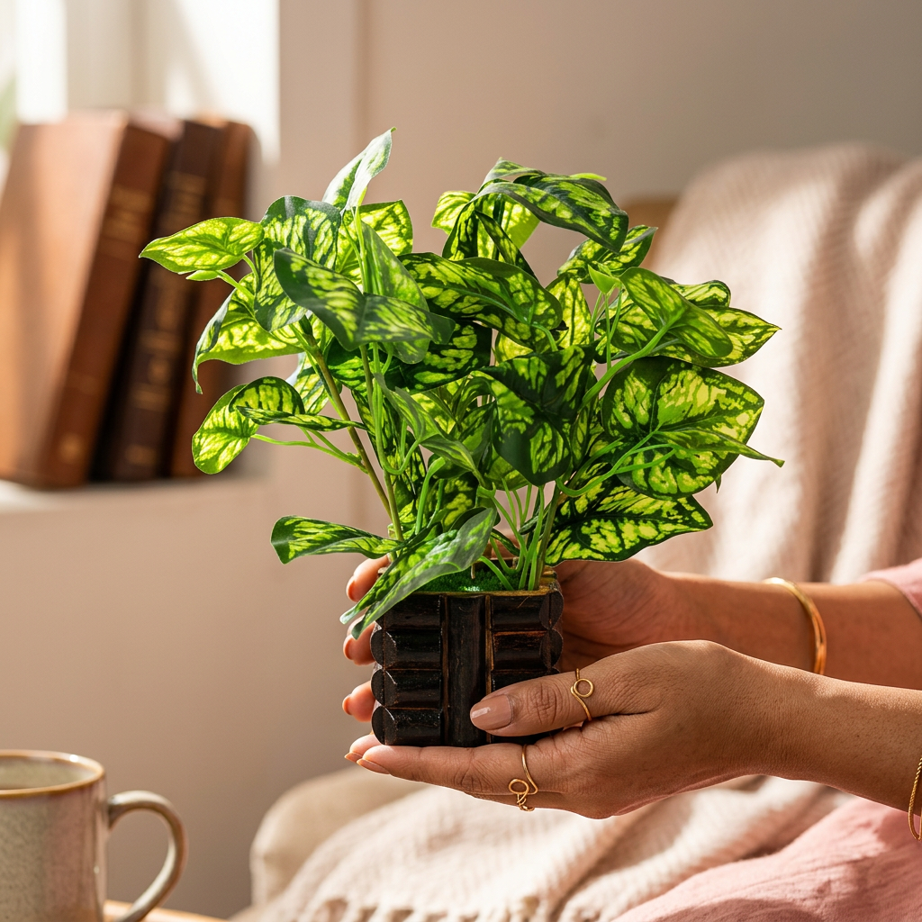 HindCraft Artificial Green Leaf Plant with Decorative Pot for Home & Office Décor