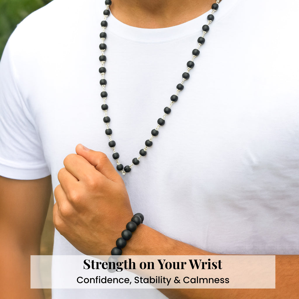 HindCraft Karungali Mala 54 Beads with Silver Caps & Karungali Bracelet | Natural Ebony Wood Combo | Karungali Malai Original Spiritual Jap Mala for Men & Women