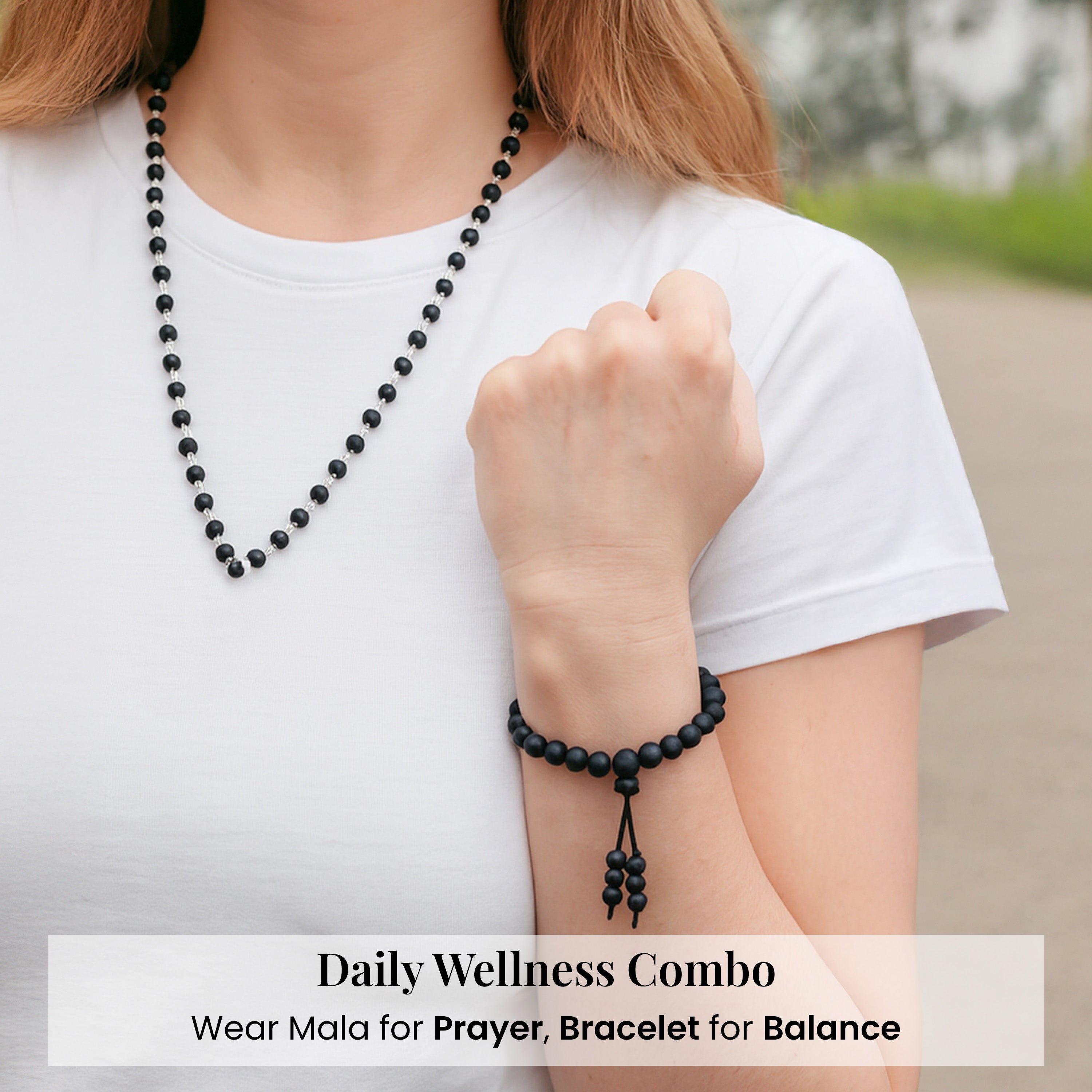 HindCraft Karungali Mala 54 Beads with Silver Caps & Karungali Bracelet | Natural Ebony Wood Combo | Karungali Malai Original Spiritual Jap Mala for Men & Women