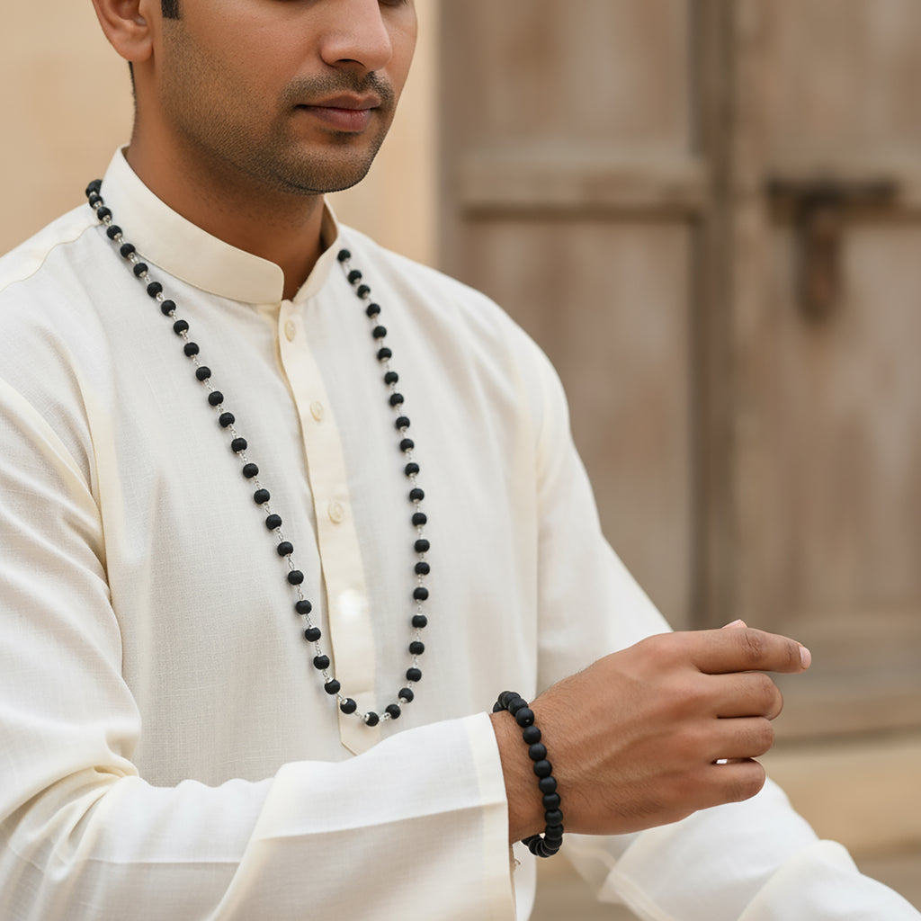 HindCraft Karungali Mala 54 Beads with Silver Caps & Karungali Bracelet | Natural Ebony Wood Combo | Karungali Malai Original Spiritual Jap Mala for Men & Women