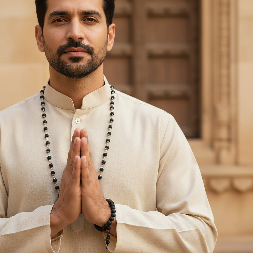HindCraft Karungali Mala 54 Beads with Silver Caps & Karungali Bracelet | Natural Ebony Wood Combo | Karungali Malai Original Spiritual Jap Mala for Men & Women