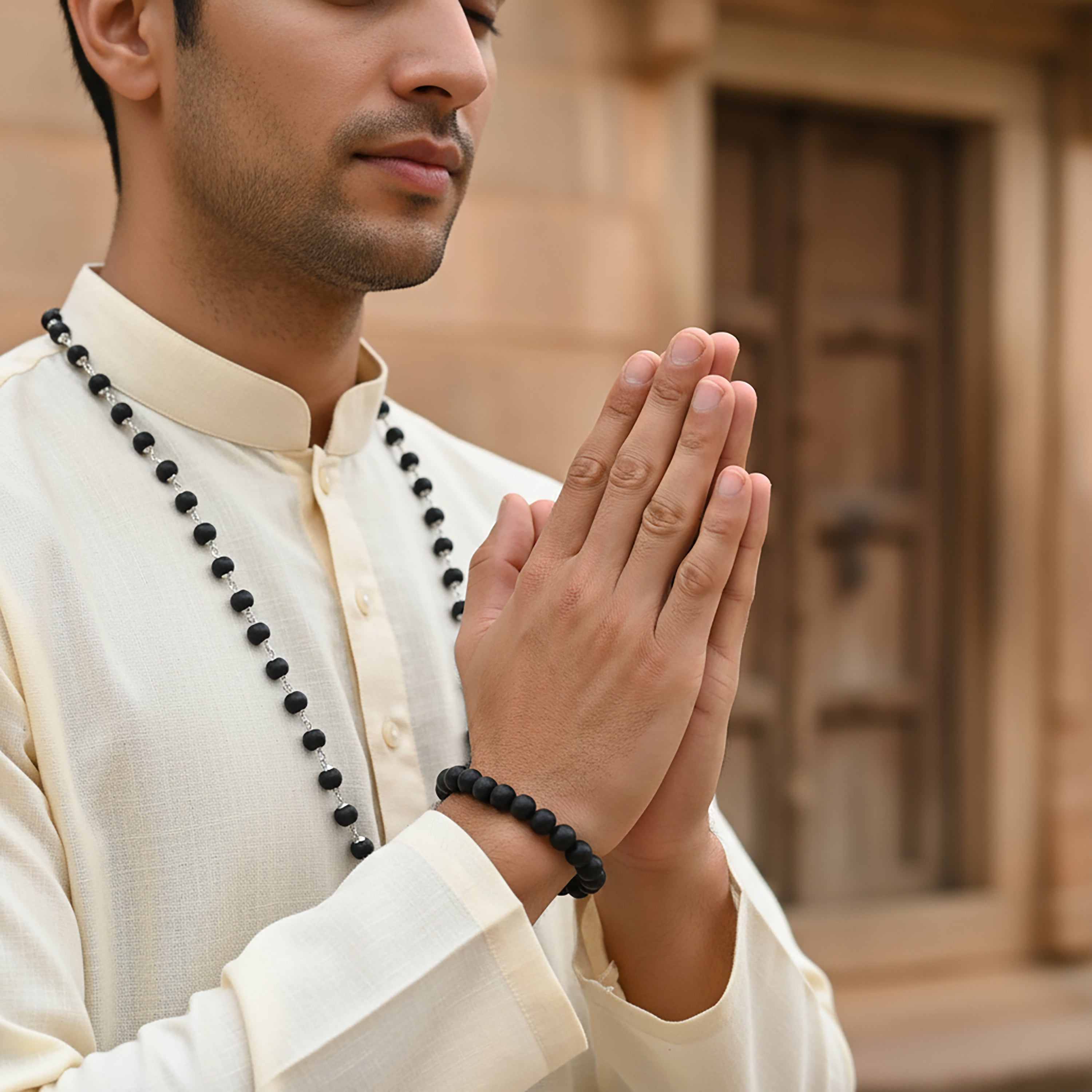 HindCraft Karungali Mala 54 Beads with Silver Caps & Karungali Bracelet | Natural Ebony Wood Combo | Karungali Malai Original Spiritual Jap Mala for Men & Women