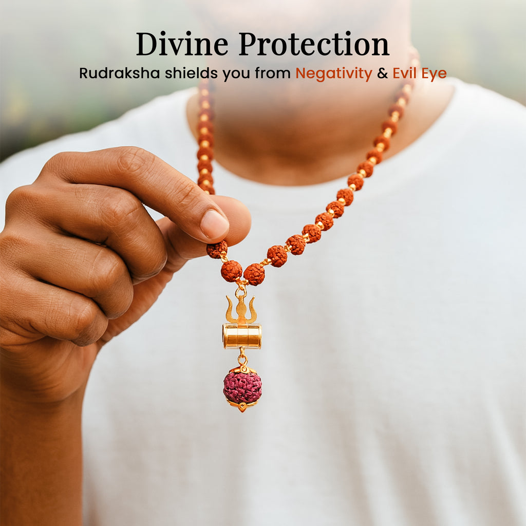 HindCraft Rudraksha Bead Neck Mala with Shiv Damru & Trishul Pendant for Men & Women