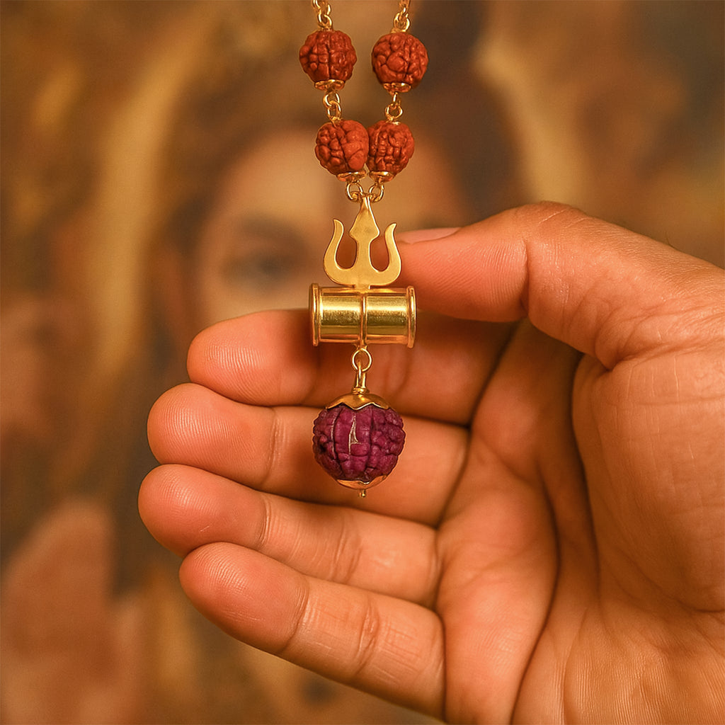 HindCraft Rudraksha Bead Neck Mala with Shiv Damru & Trishul Pendant for Men & Women