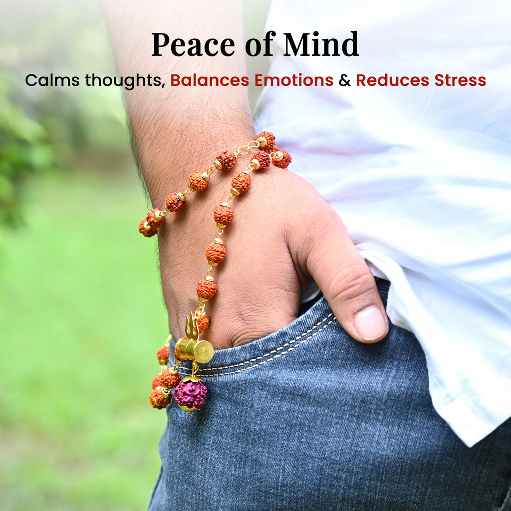 HindCraft Rudraksha Bead Neck Mala with Shiv Damru & Trishul Pendant for Men & Women