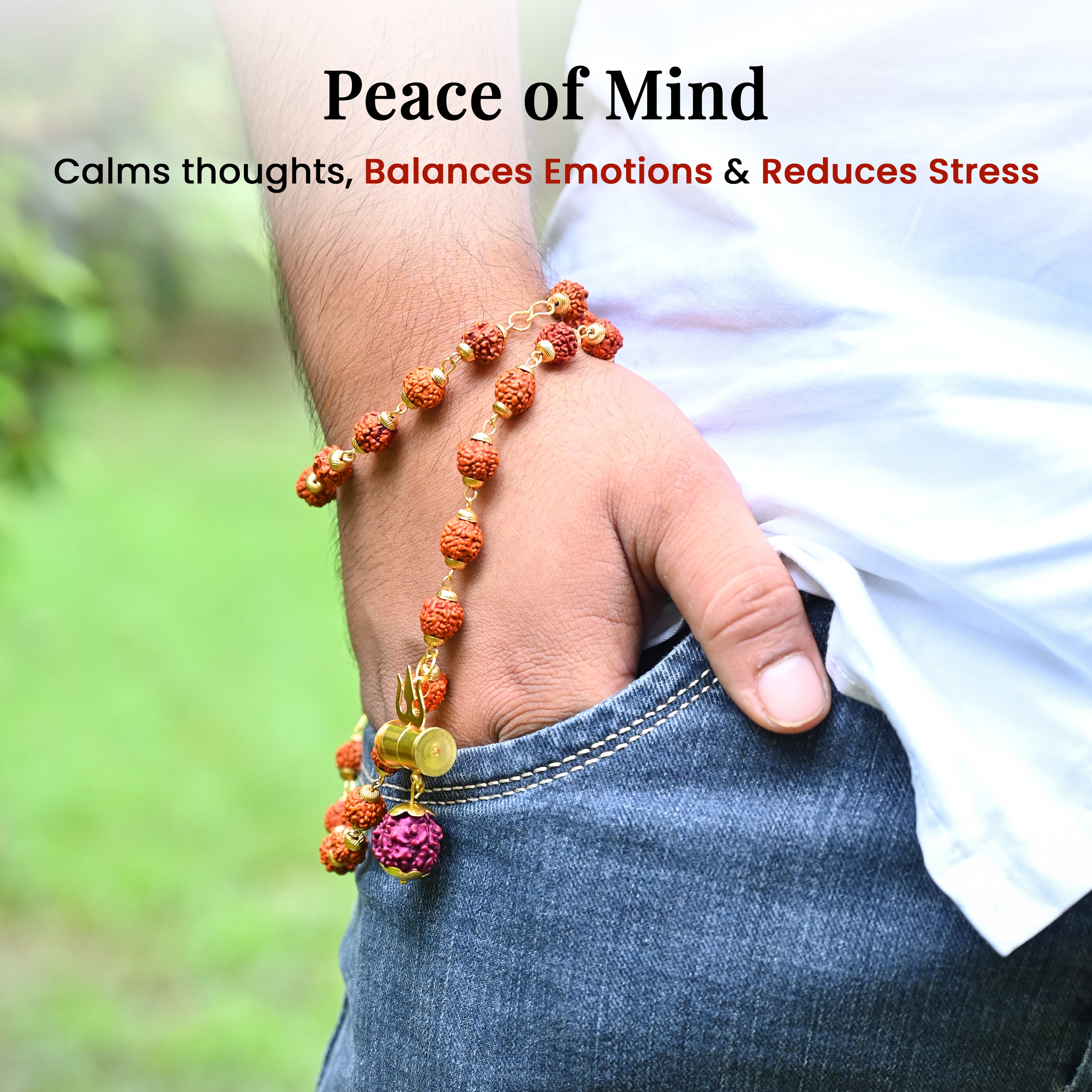 HindCraft Rudraksha Bead Neck Mala with Shiv Damru & Trishul Pendant for Men & Women