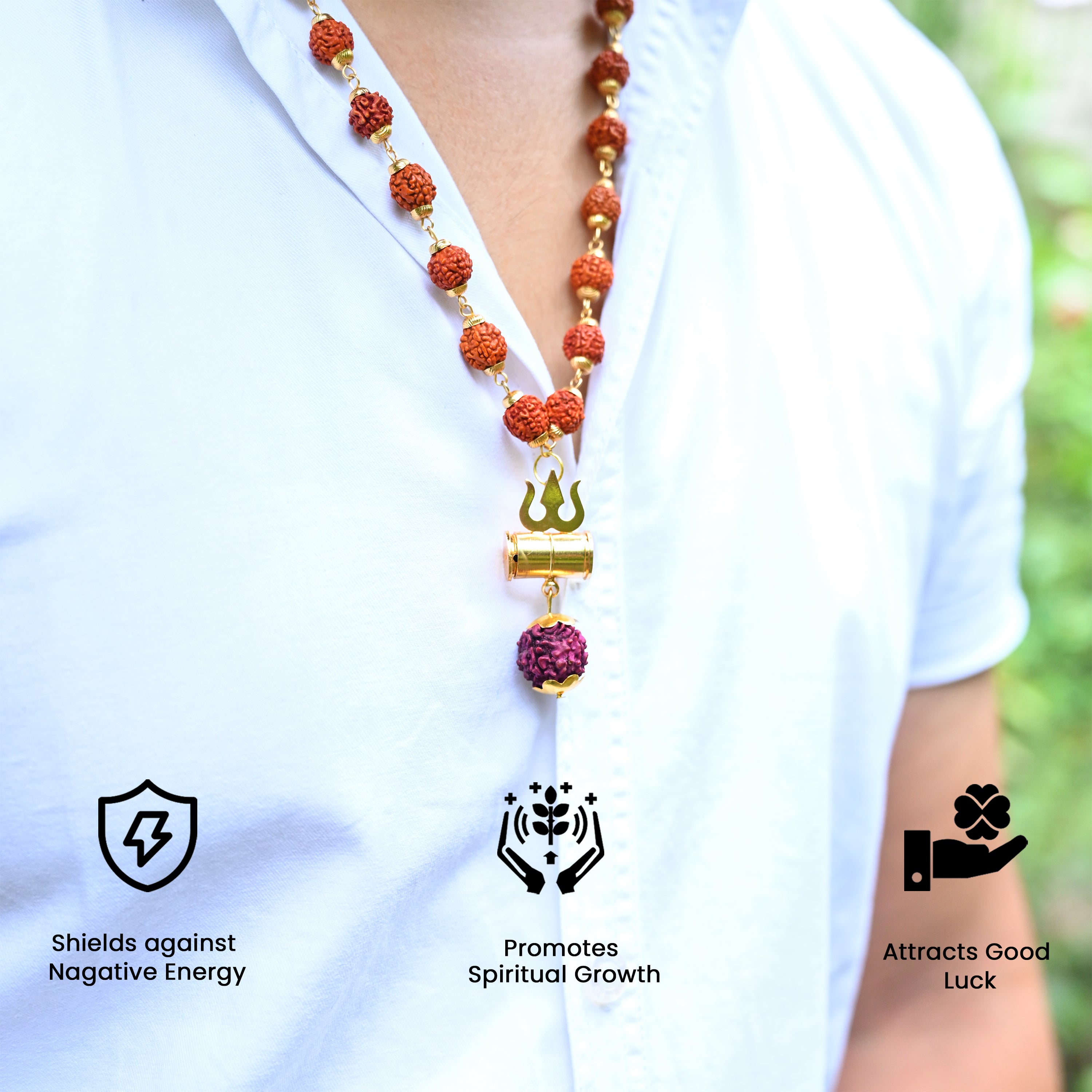 HindCraft Rudraksha Bead Neck Mala with Shiv Damru & Trishul Pendant for Men & Women