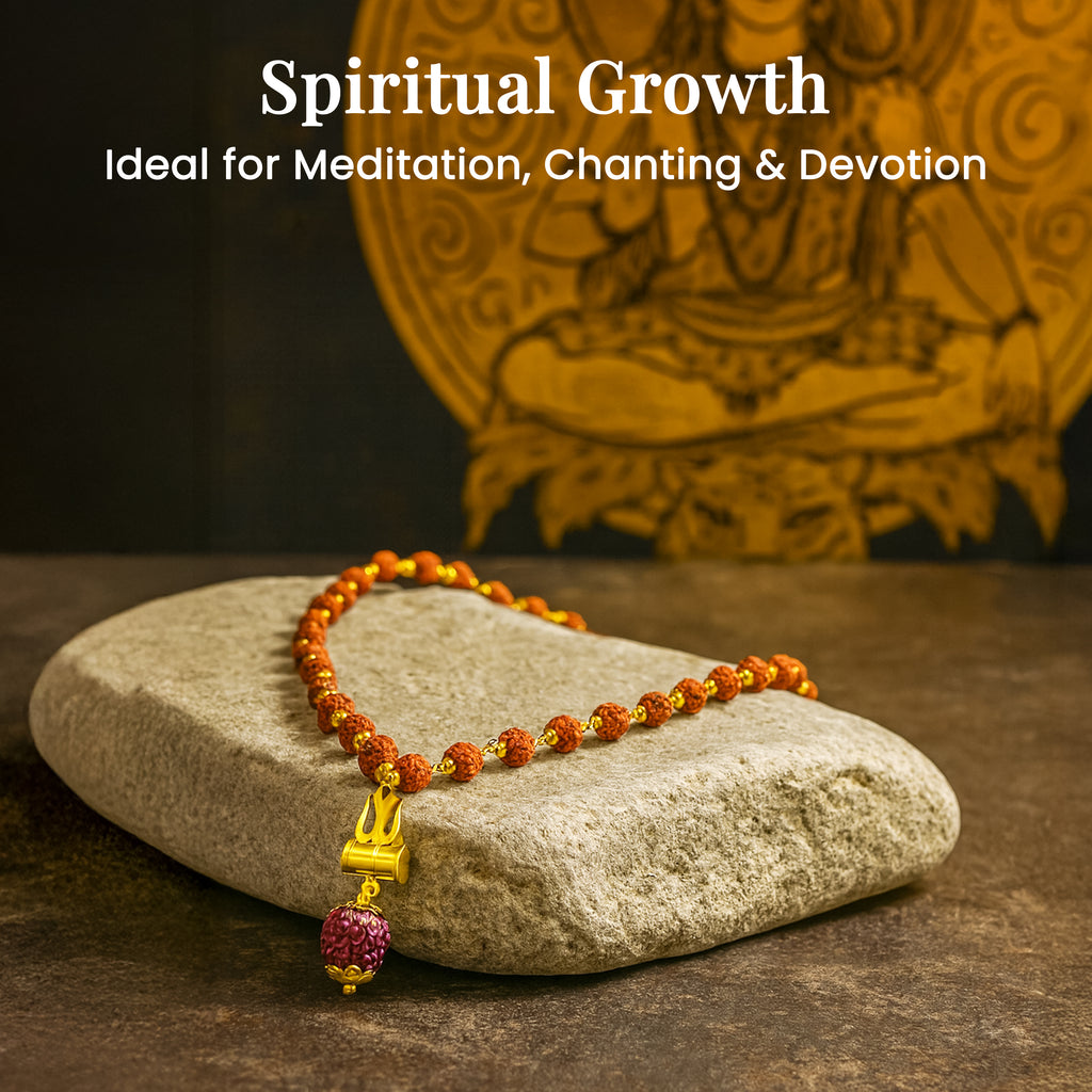 HindCraft Rudraksha Bead Neck Mala with Shiv Damru & Trishul Pendant for Men & Women