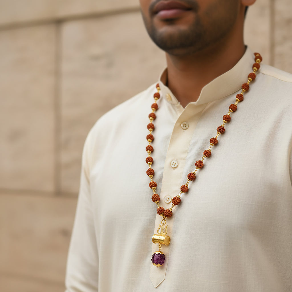 HindCraft Rudraksha Bead Neck Mala with Shiv Damru & Trishul Pendant for Men & Women