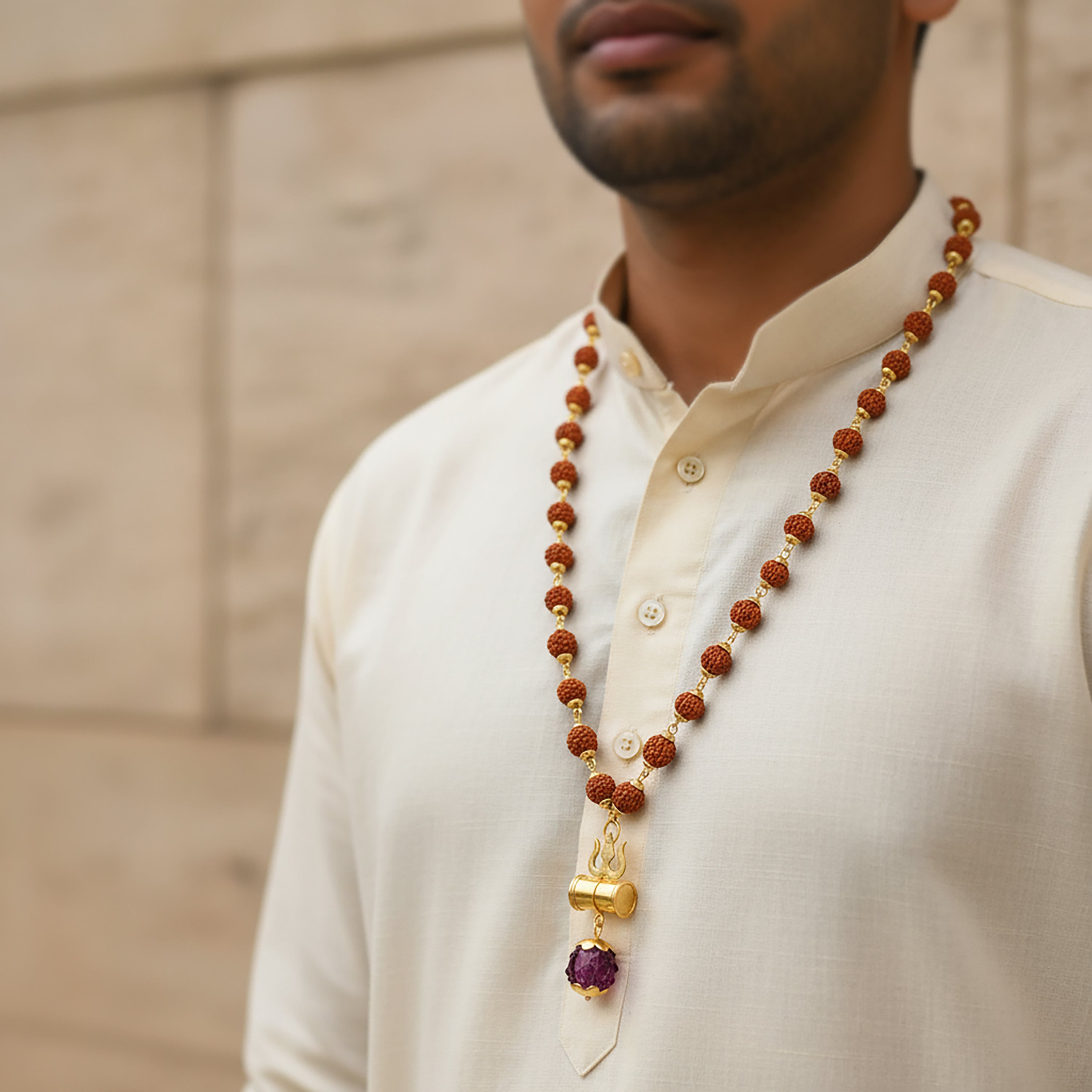 HindCraft Rudraksha Bead Neck Mala with Shiv Damru & Trishul Pendant for Men & Women