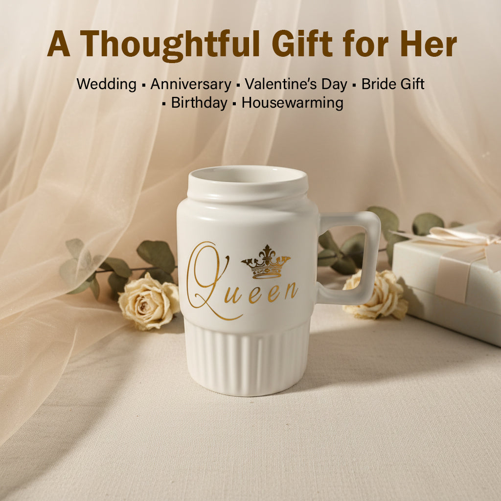HindCraft Queen Design White Ceramic Mug with Lid