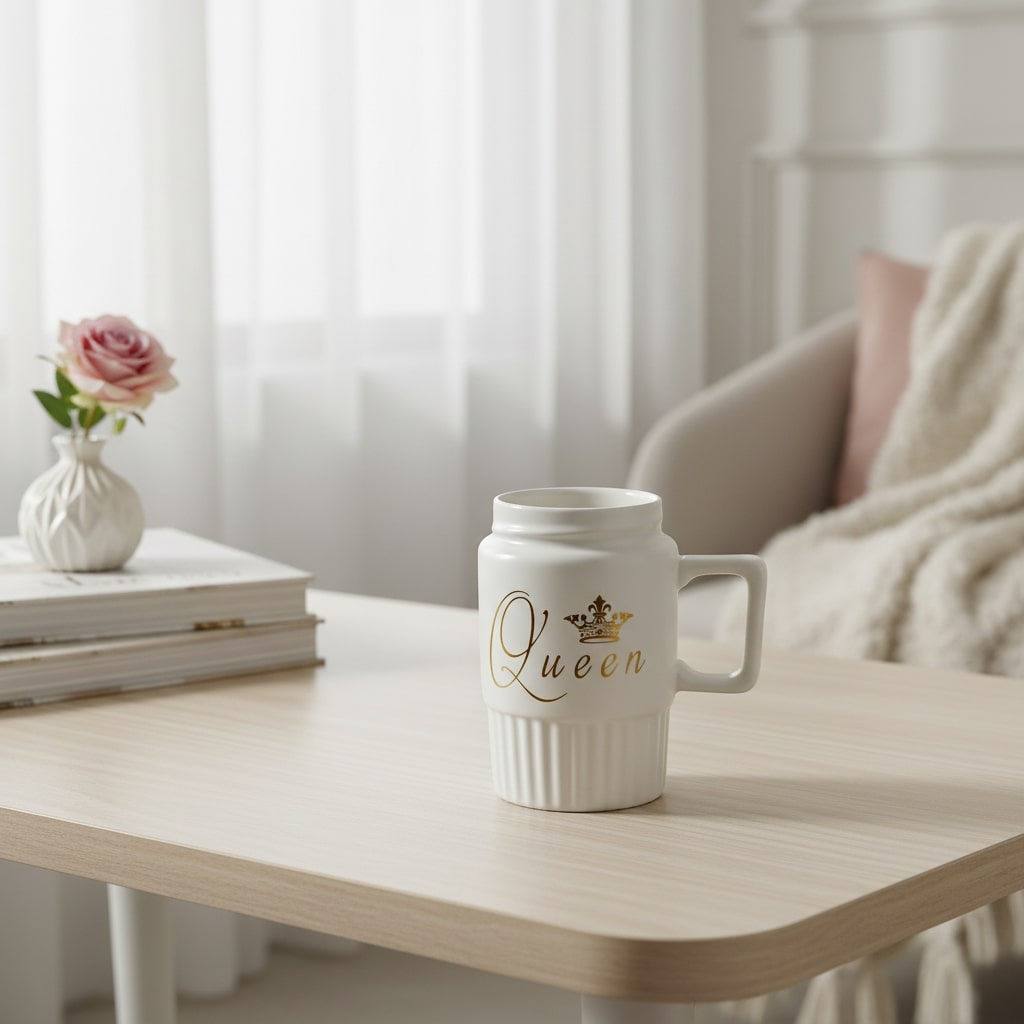 HindCraft Queen Design White Ceramic Mug with Lid