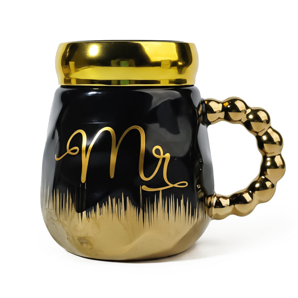 HindCraft Mr Design Black & Gold Ceramic Mug with Lid