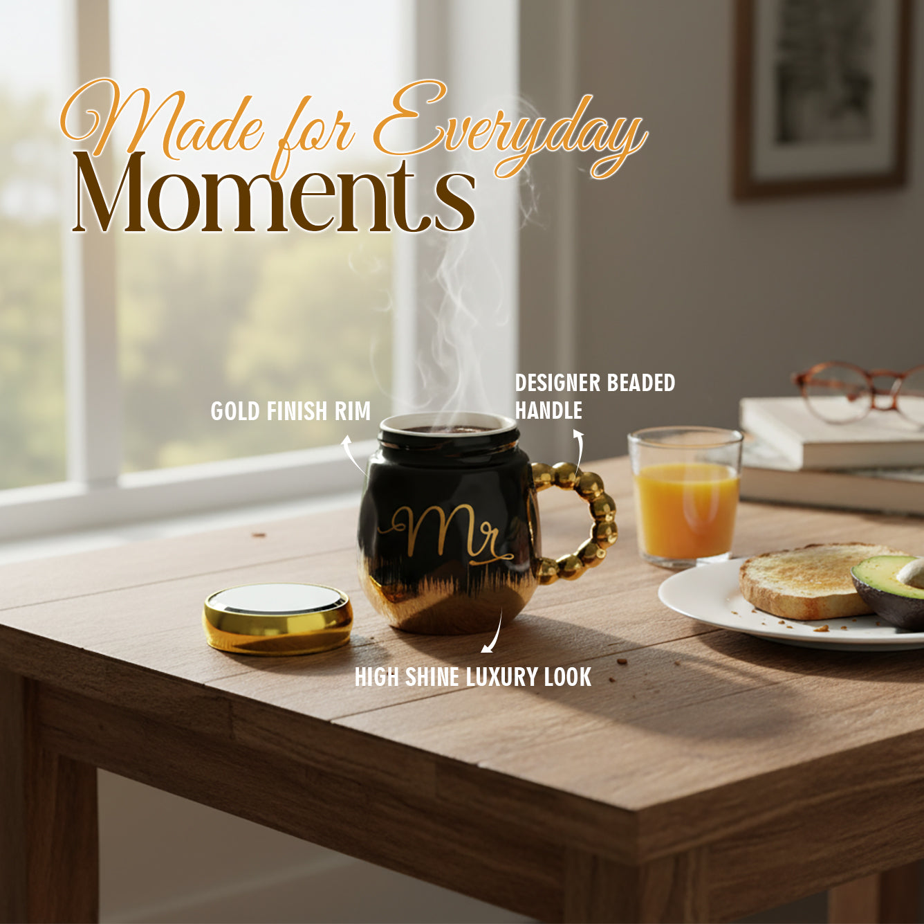 HindCraft Mr Design Black & Gold Ceramic Mug with Lid