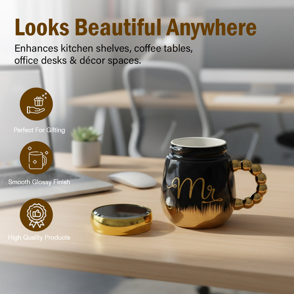HindCraft Mr Design Black & Gold Ceramic Mug with Lid