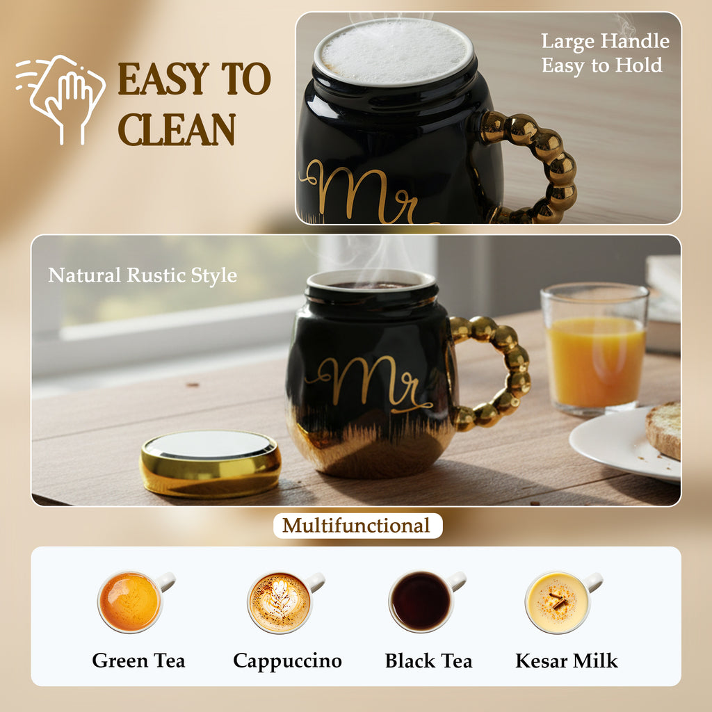 HindCraft Mr Design Black & Gold Ceramic Mug with Lid