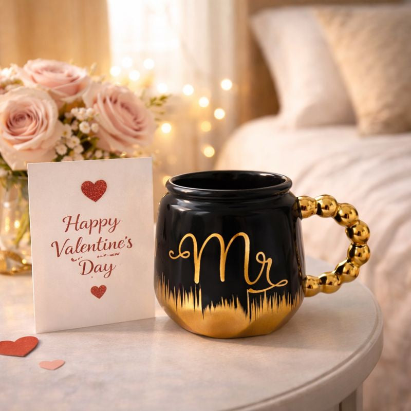 HindCraft Mr Design Black & Gold Ceramic Mug with Lid