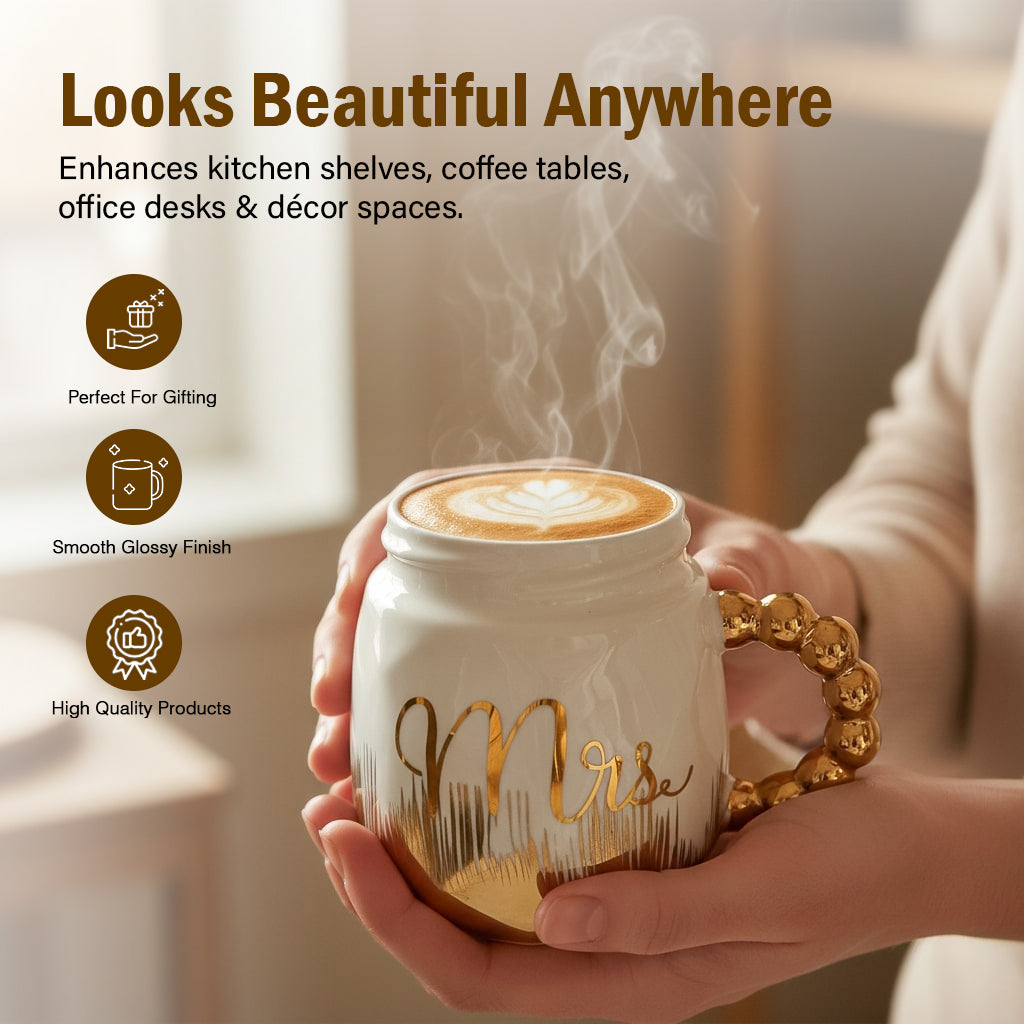 HindCraft Mrs Design White & Gold Ceramic Mug with Lid