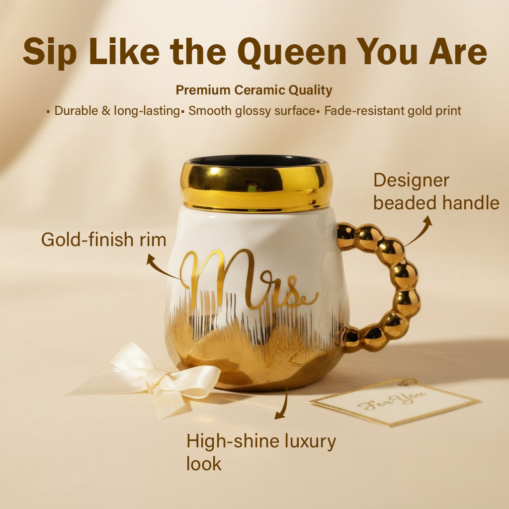 HindCraft Mrs Design White & Gold Ceramic Mug with Lid