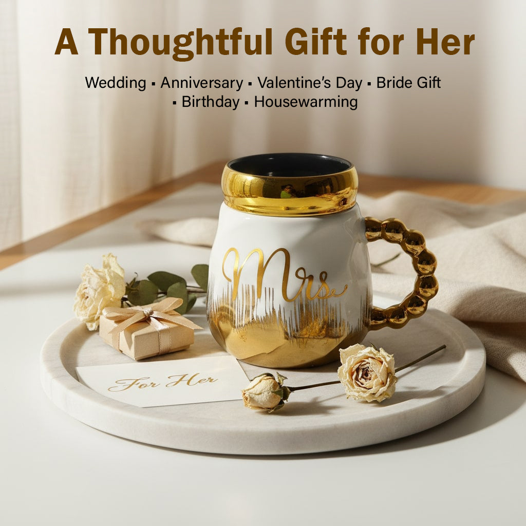 HindCraft Mrs Design White & Gold Ceramic Mug with Lid
