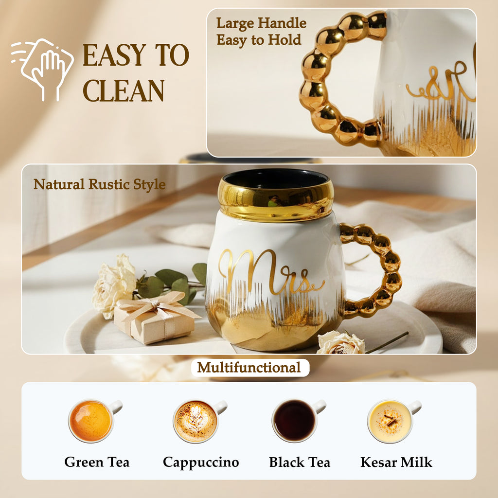 HindCraft Mrs Design White & Gold Ceramic Mug with Lid