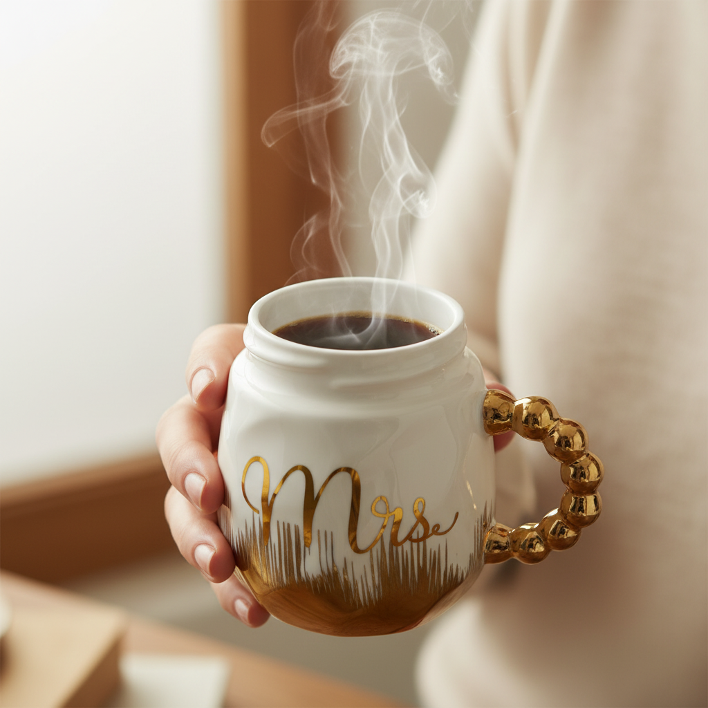 HindCraft Mrs Design White & Gold Ceramic Mug with Lid