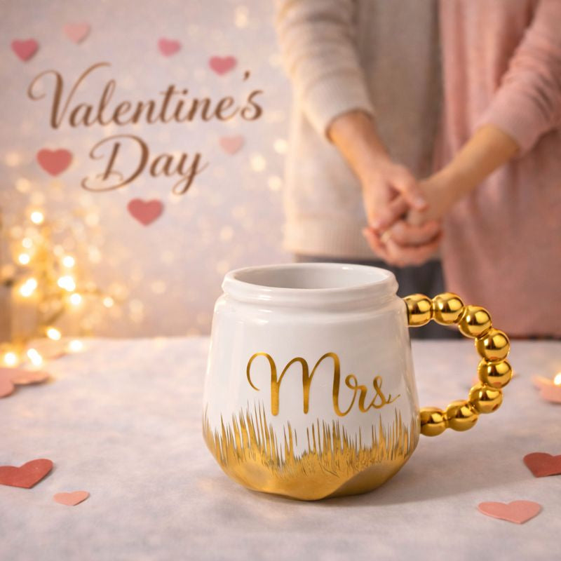 HindCraft Mrs Design White & Gold Ceramic Mug with Lid