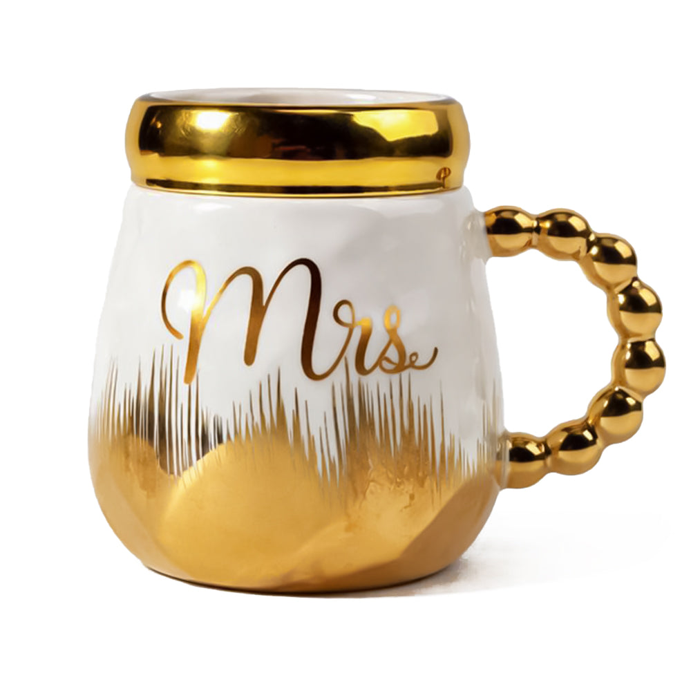 HindCraft Mrs Design White & Gold Ceramic Mug with Lid