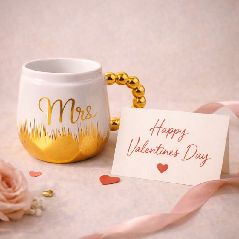 HindCraft Mrs Design White & Gold Ceramic Mug with Lid
