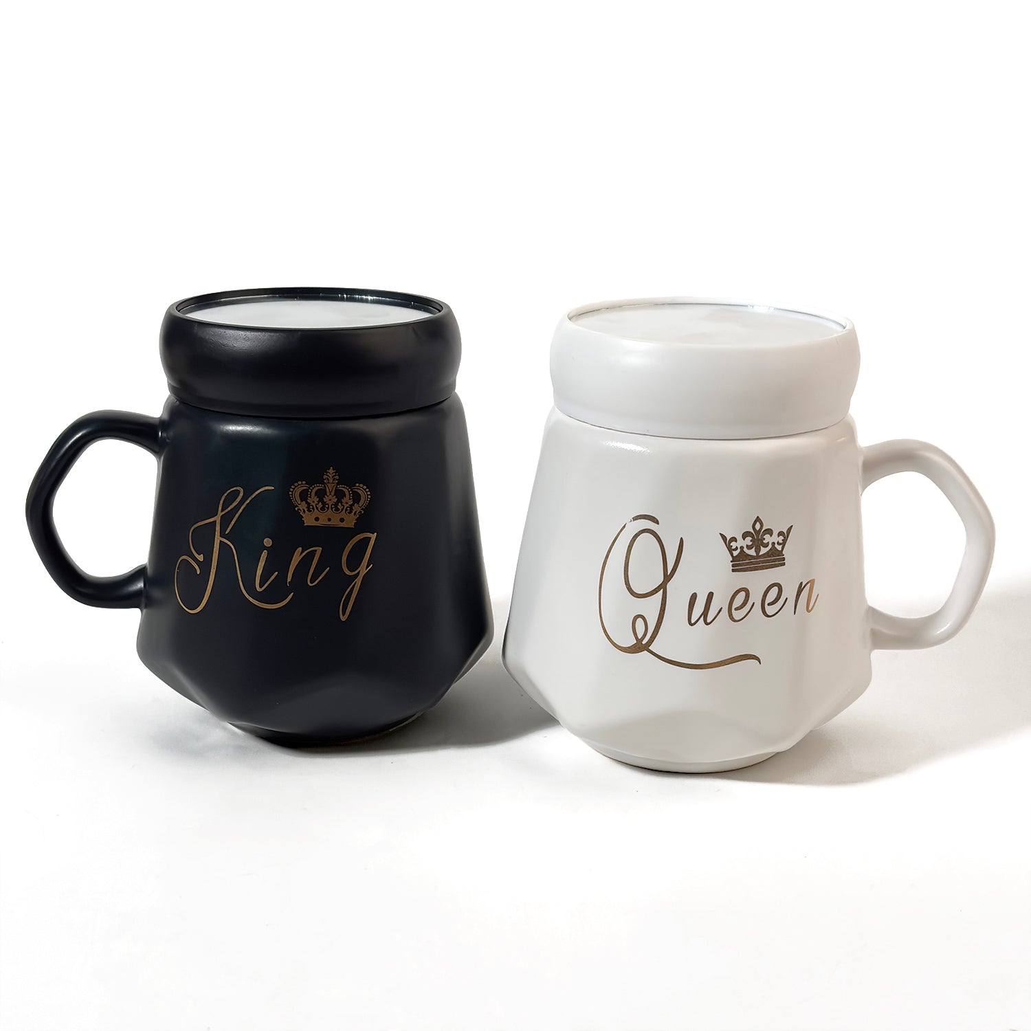 HindCraft King & Queen Ceramic Mug Set with Lids – Black & White