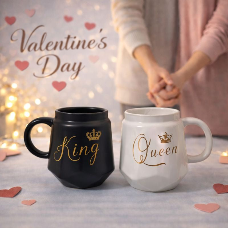 HindCraft King & Queen Ceramic Mug Set with Lids – Black & White