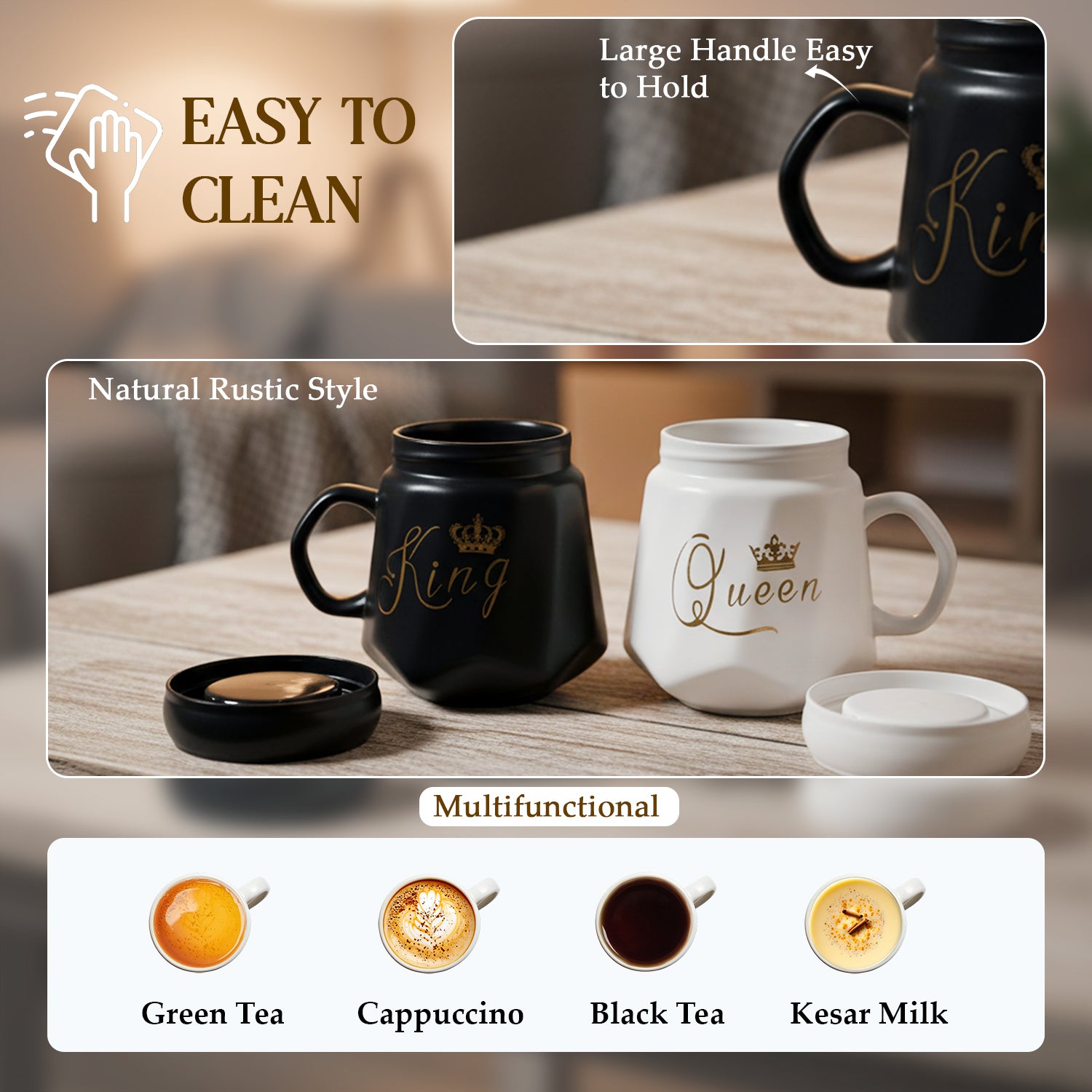 HindCraft King & Queen Ceramic Mug Set with Lids – Black & White