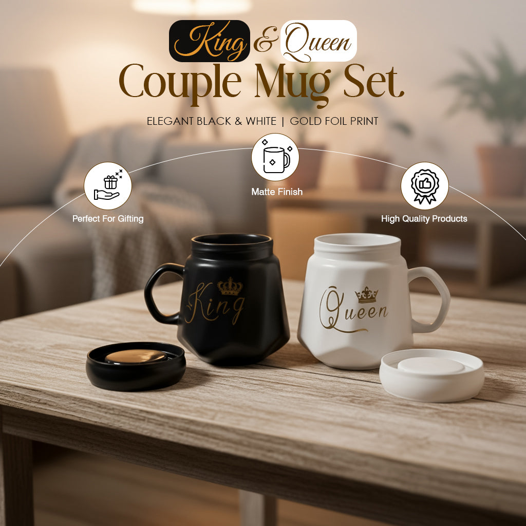 HindCraft King & Queen Ceramic Mug Set with Lids – Black & White