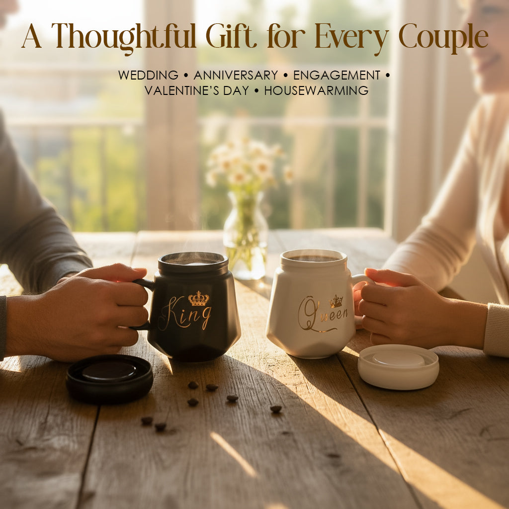 HindCraft King & Queen Ceramic Mug Set with Lids – Black & White