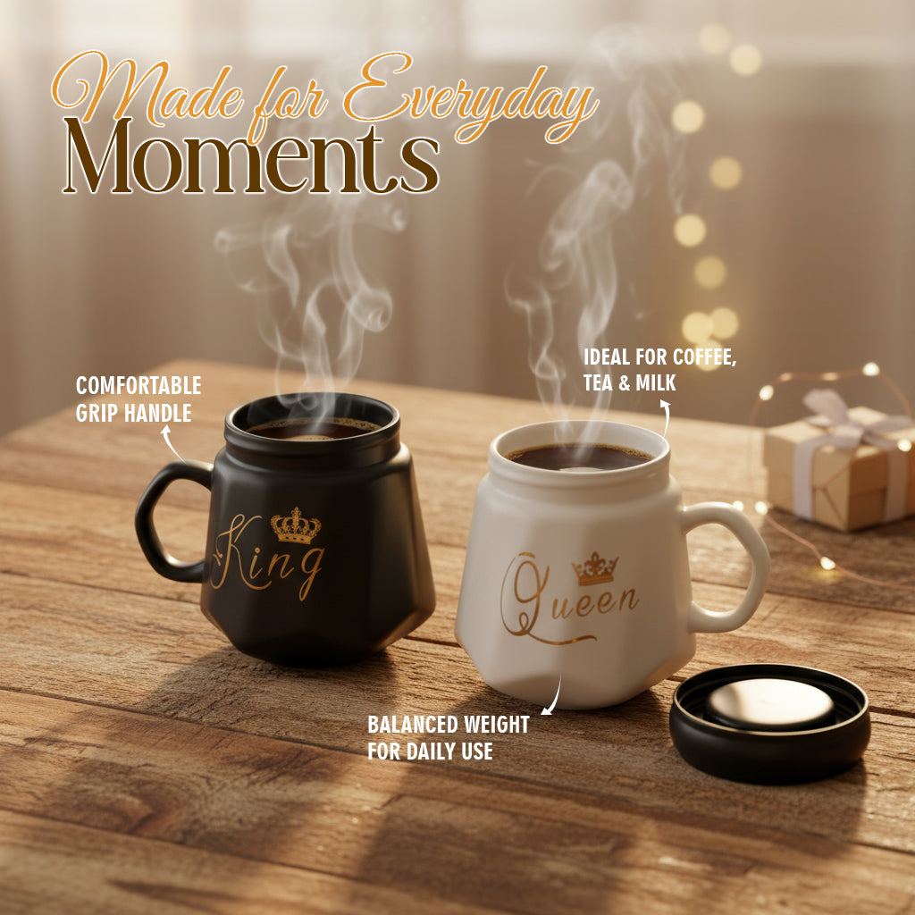 HindCraft King & Queen Ceramic Mug Set with Lids – Black & White