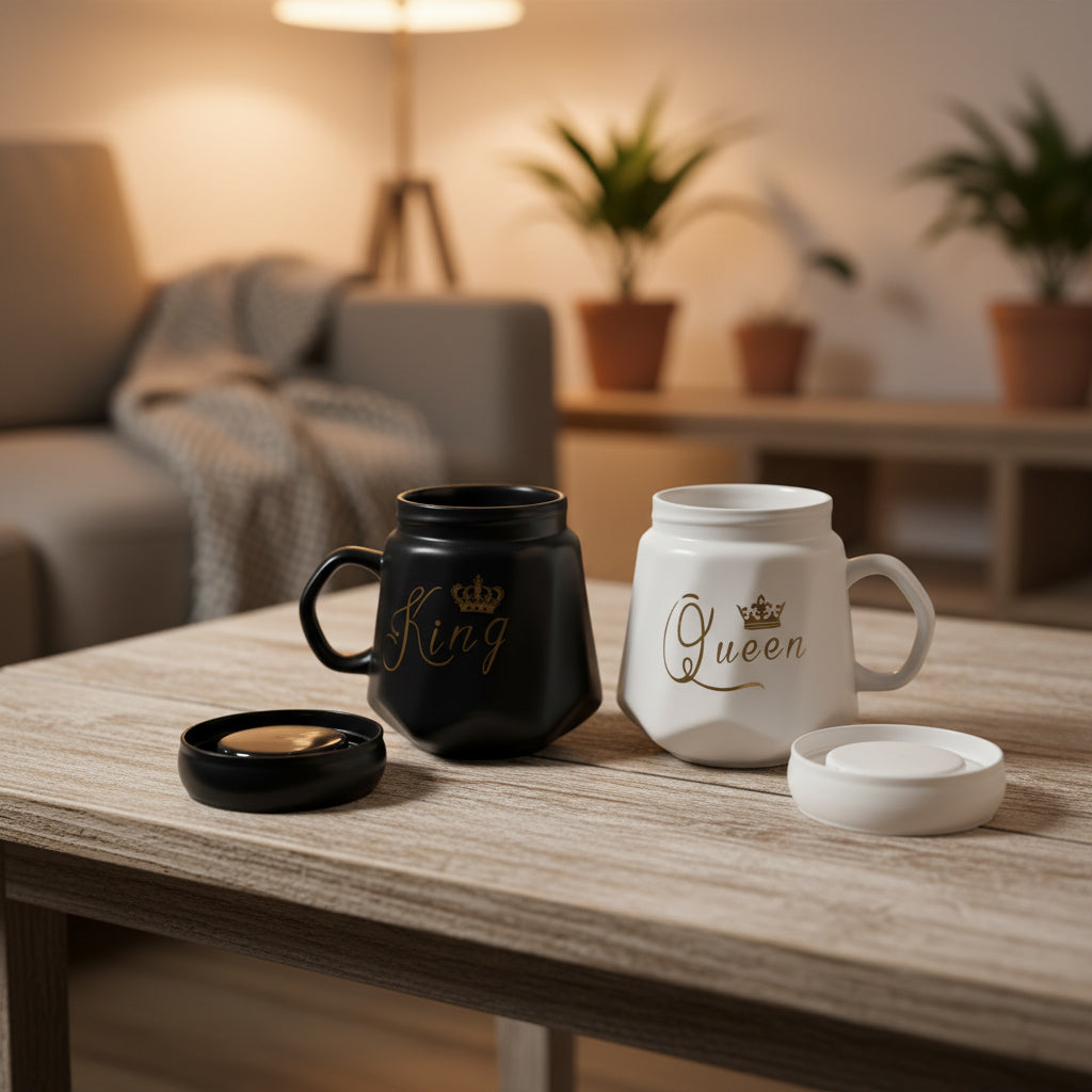 HindCraft King & Queen Ceramic Mug Set with Lids – Black & White