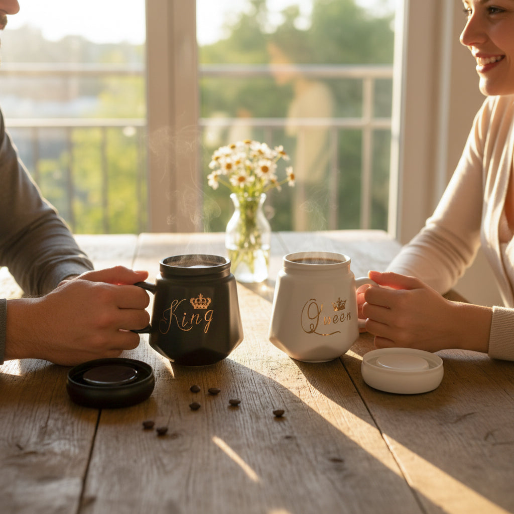 HindCraft King & Queen Ceramic Mug Set with Lids – Black & White