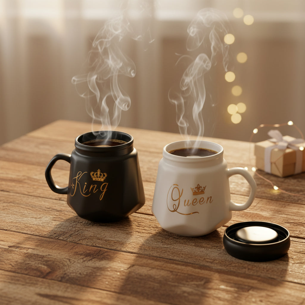 HindCraft King & Queen Ceramic Mug Set with Lids – Black & White