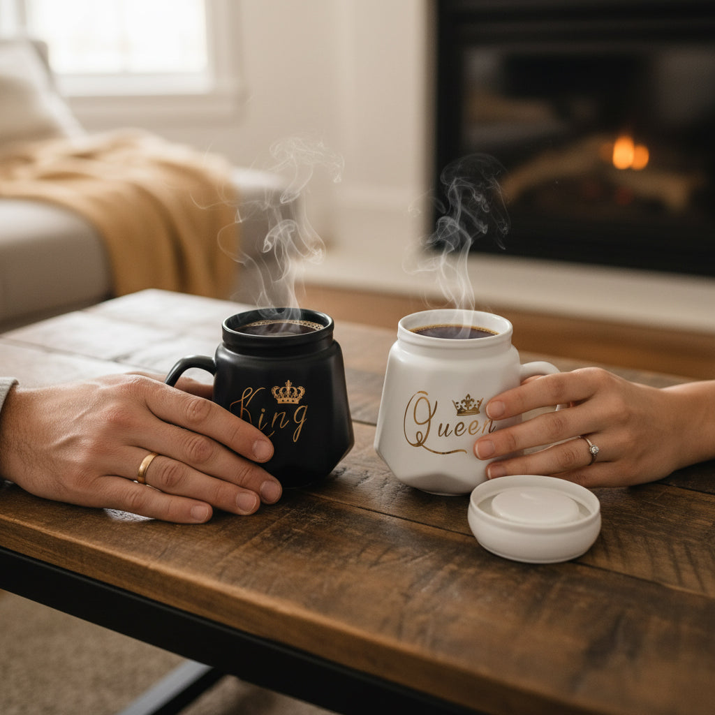 HindCraft King & Queen Ceramic Mug Set with Lids – Black & White