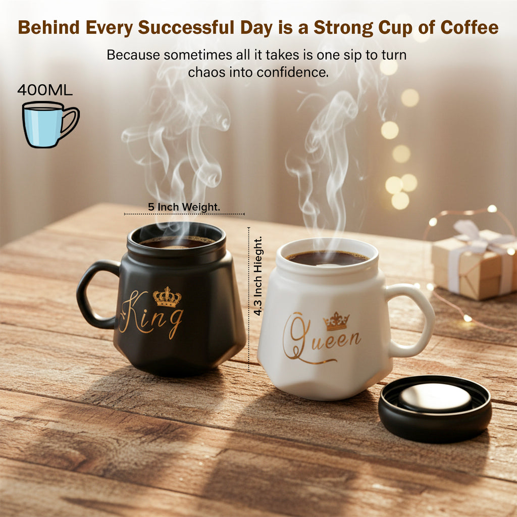 HindCraft King & Queen Ceramic Mug Set with Lids – Black & White