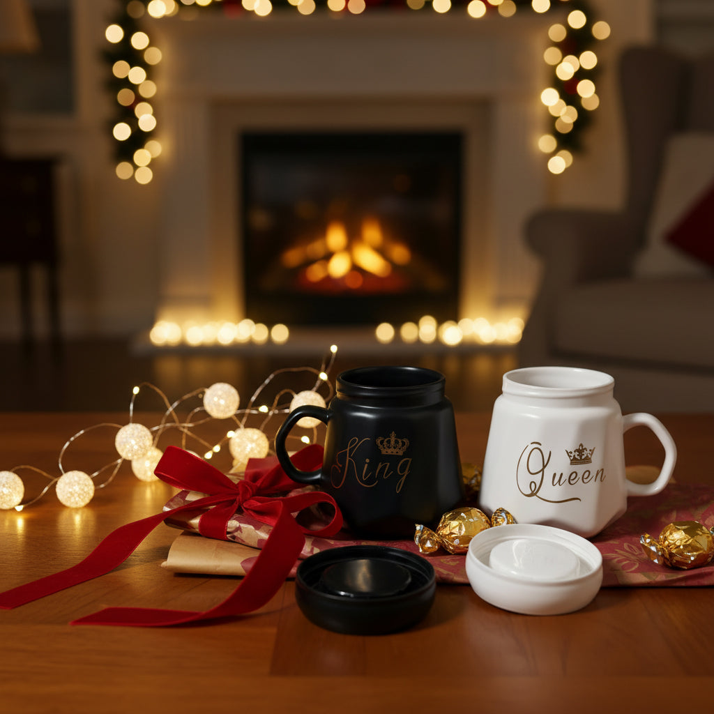HindCraft King & Queen Ceramic Mug Set with Lids – Black & White