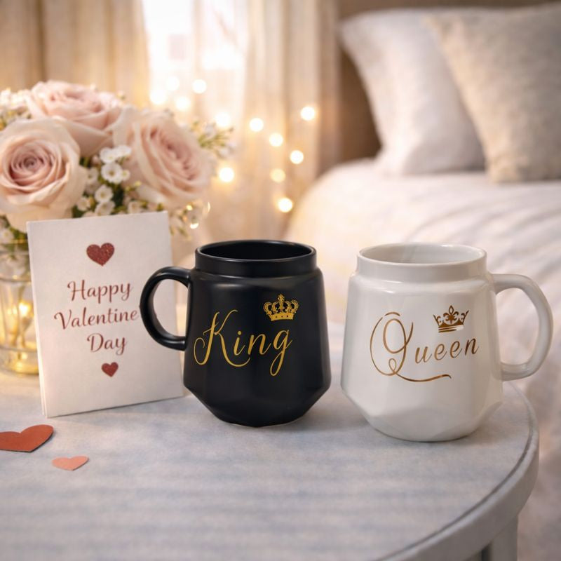 HindCraft King & Queen Ceramic Mug Set with Lids – Black & White
