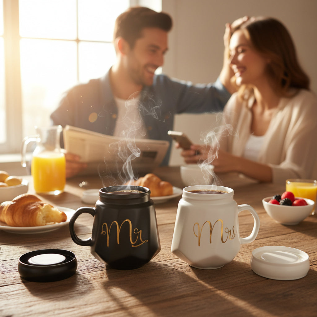 HindCraft Mr & Mrs Ceramic Mug Set with Lids – Black & White