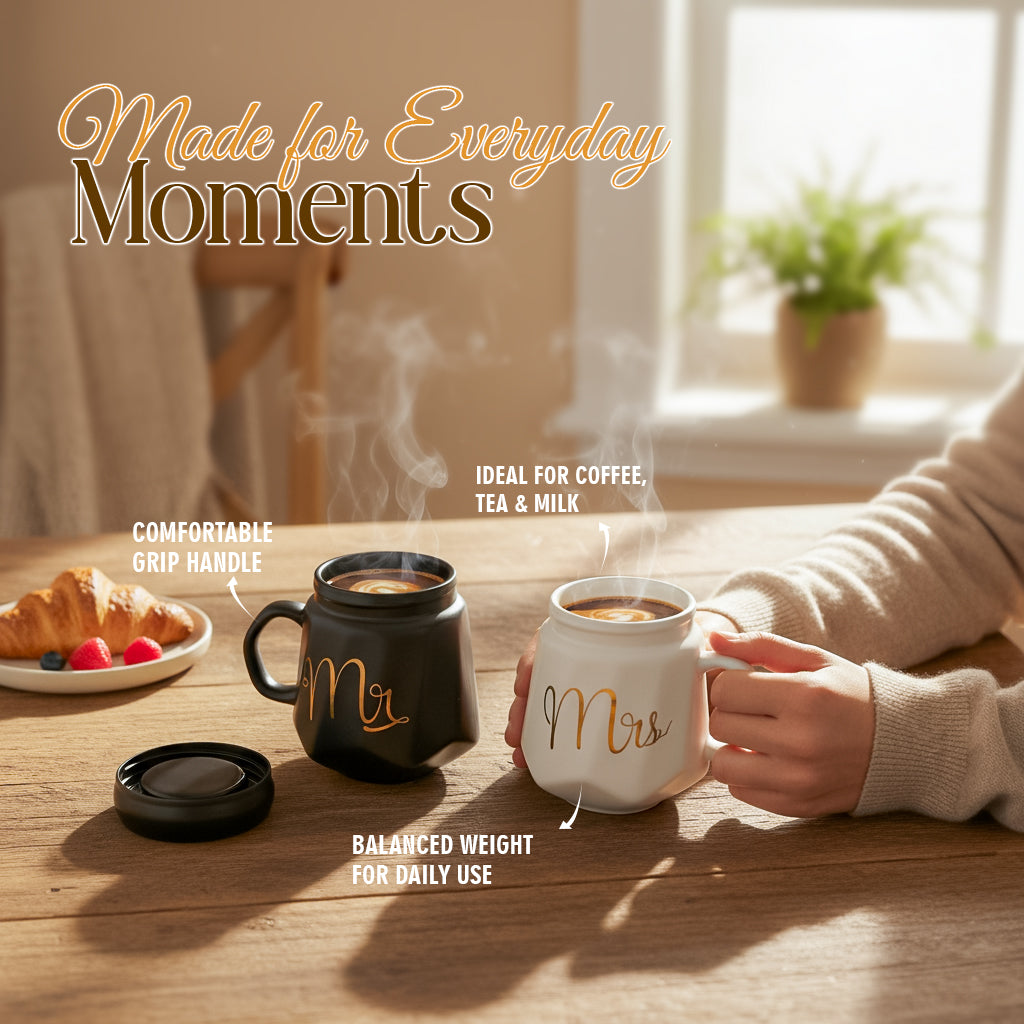 HindCraft Mr & Mrs Ceramic Mug Set with Lids – Black & White