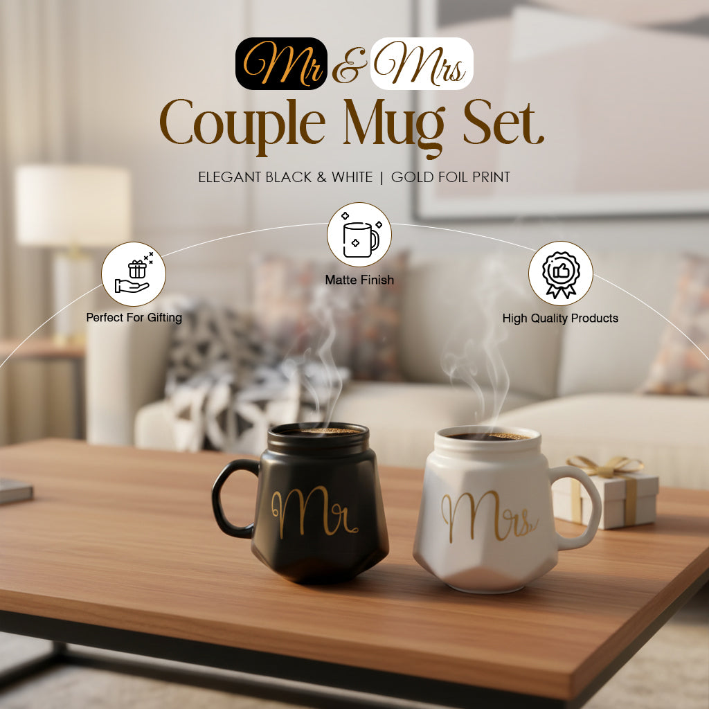 HindCraft Mr & Mrs Ceramic Mug Set with Lids – Black & White