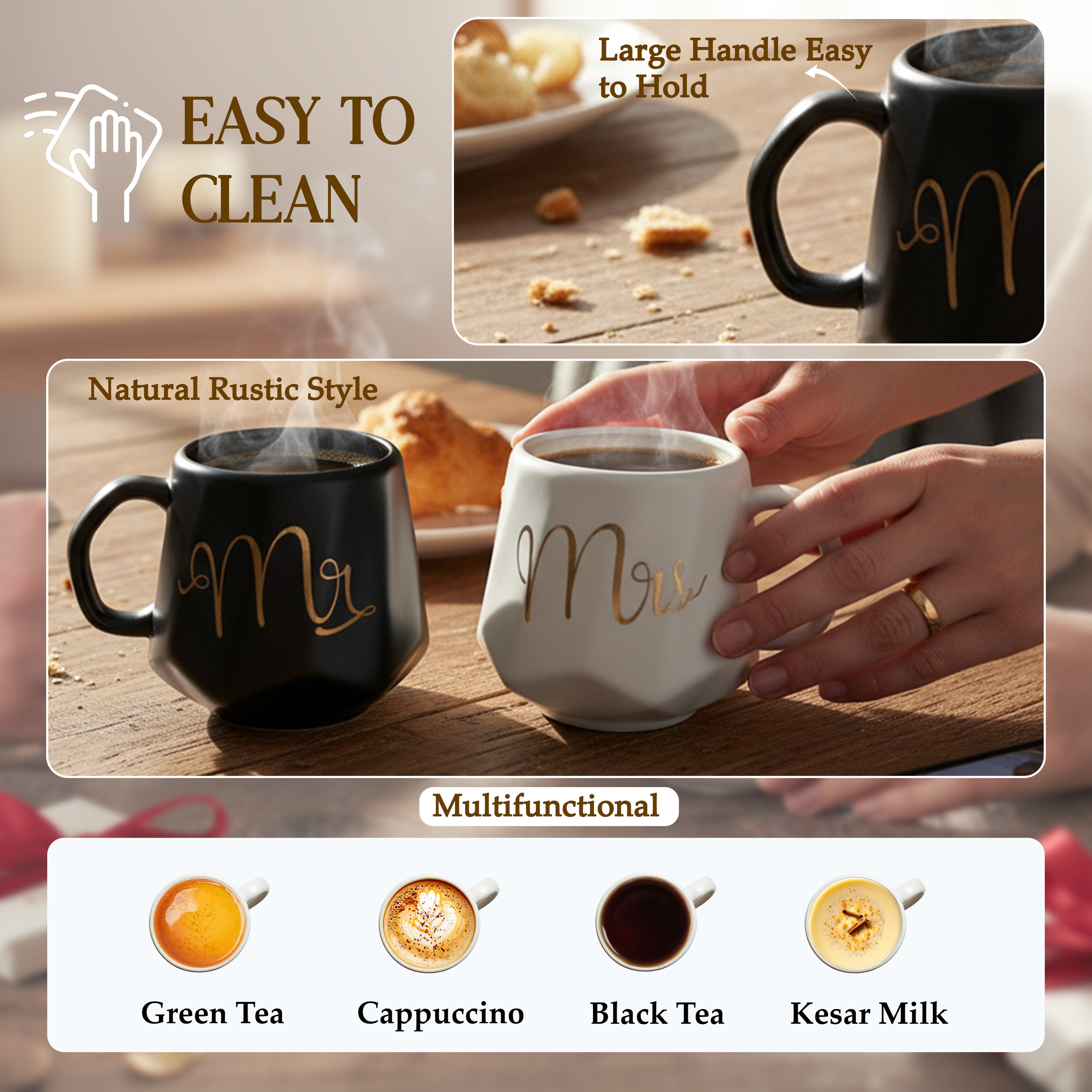 HindCraft Mr & Mrs Ceramic Mug Set with Lids – Black & White